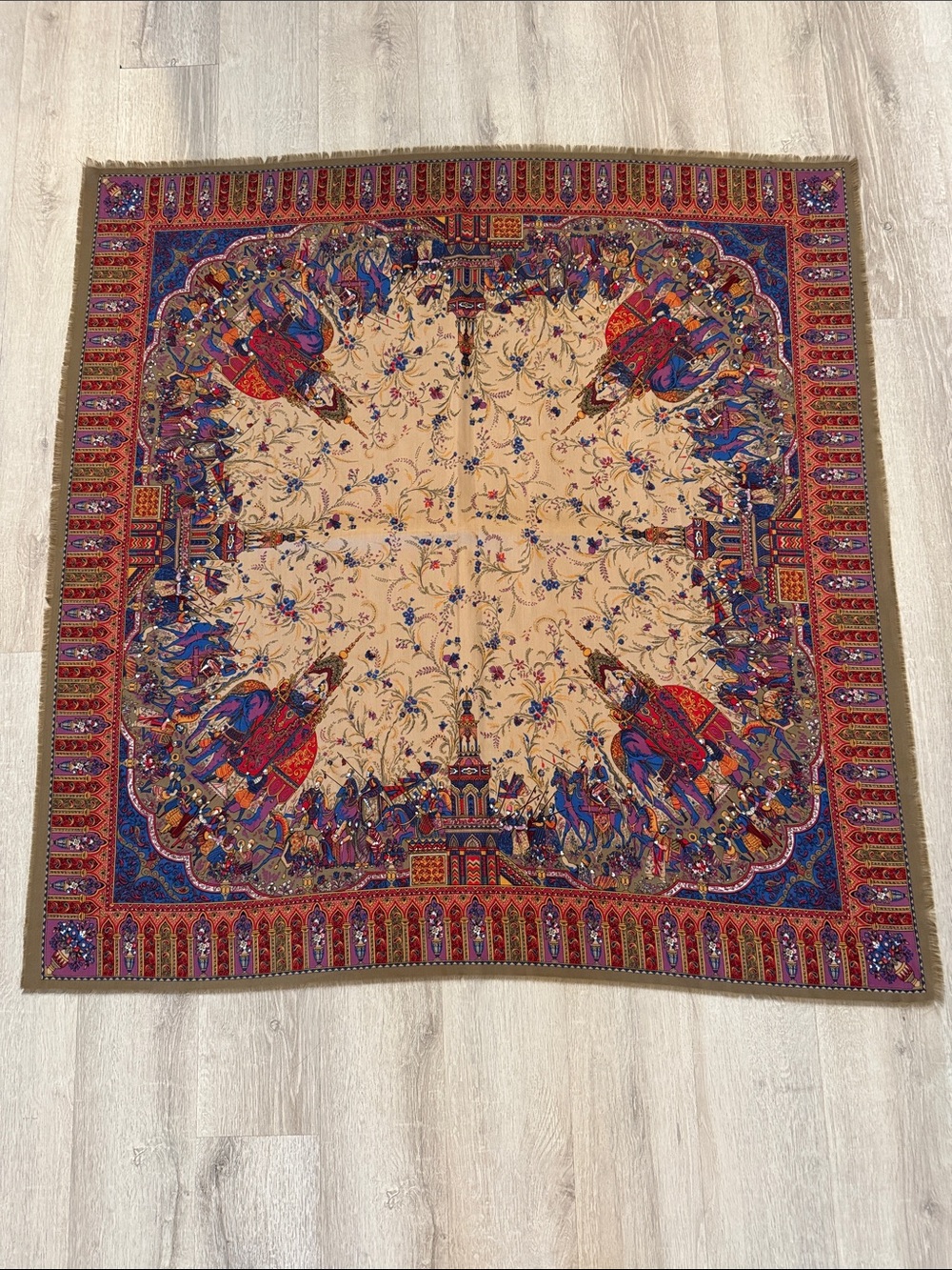 Vintage Persian Style Scarf Elephant Floral Ornate Border Square Multicolor
